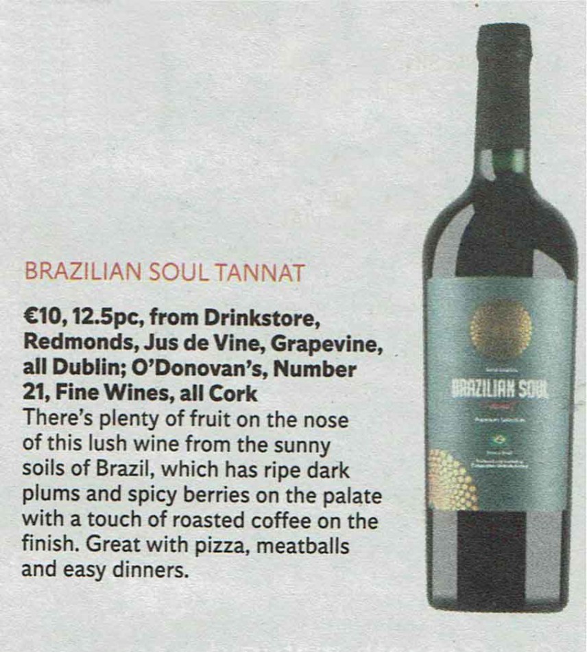Vinho brasileiro Brazilian Soul Premiun Selection Tannat é destaque no jornal The Irish Independent, da Irlanda
